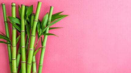 Fototapeta premium Lush Green Bamboo Shoots on Pink Background