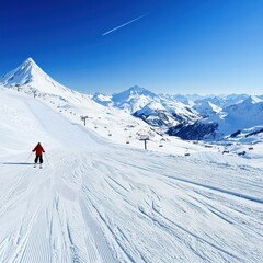 Skiing Under Clear Blue Sky on Snowy Mountain in Winter Landscape