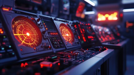 A radar station with rotating dishes scanning the horizon, with glowing LED indicators on the control panels