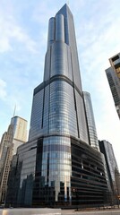 Sleek, Modern Skyscraper with Reflective Glass Facade Against a Blue Sky in an Urban Environment