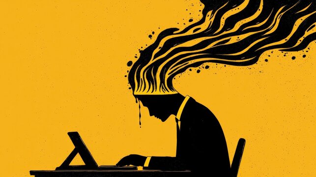 Creative Illustration of a Man with Flowing Hair from Head Representing Ideas and Thoughts While Working