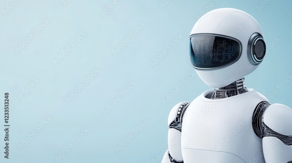 Poster futuristic humanoid robot with sleek design and advanced technology on a minimalistic light blue bac