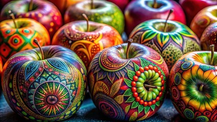 Colorful apples with intricate ink designs on their skin, artistic apples