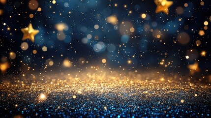 Fototapeta premium Golden glitter sparkle night sky, stars, bokeh, background, design
