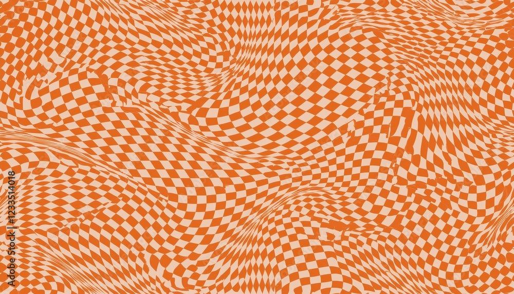 Poster vibrant distorted checkerboard pattern of seamless orange liquid, offering a mesmerizing visual expe