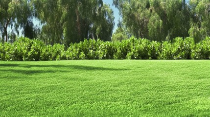 Obraz premium Lush Green Lawn with Hedge and Trees Background