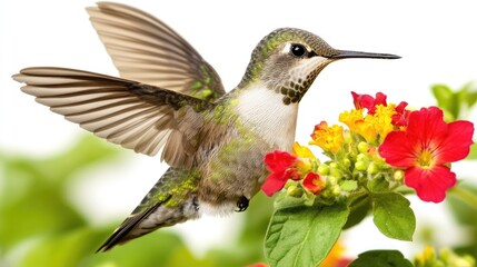 Naklejka premium Hummingbird Hovering by Vibrant Flowers in a Garden Setting