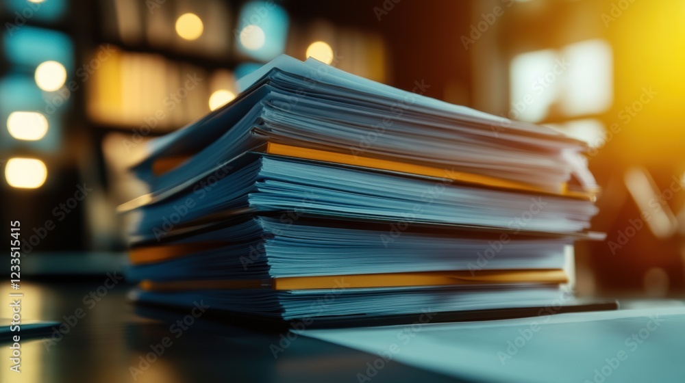 Poster stack of organized documents and papers on a desk with warm ambient lighting in an office setting