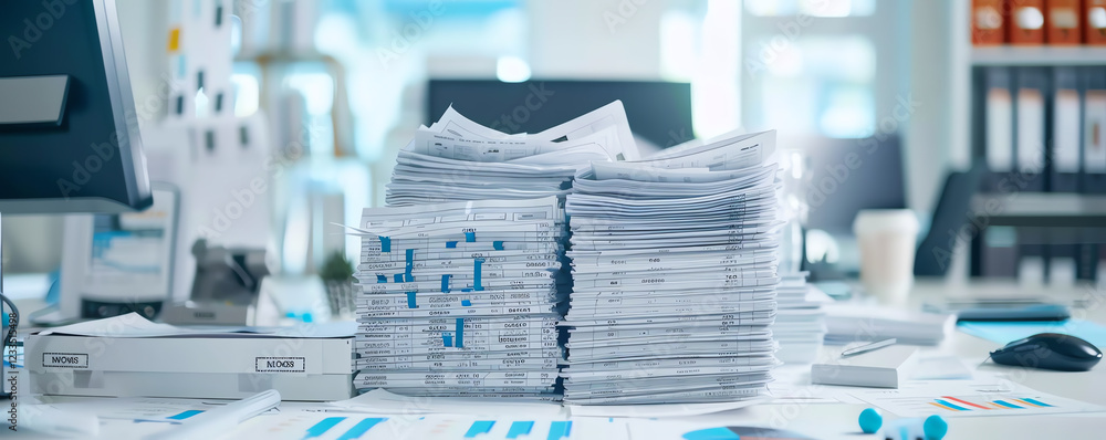 Poster stacks of paper documents in a modern office workspace with digital technology and tools