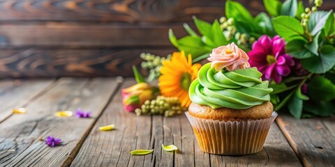 Obraz premium A colorful cupcake with creamy frosting sits atop a rustic wooden table adorned with a simple green centerpiece and scattered fresh flowers , homemade, dessert