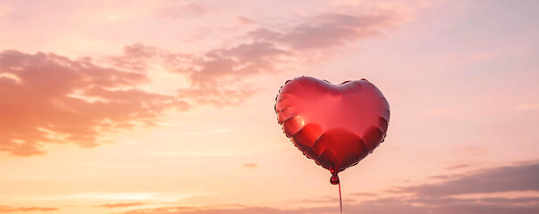 Obraz premium A vibrant heart-shaped balloon floats against a picturesque sunset sky.
