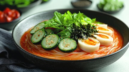 Vibrant bowl of noodles topped with fresh vegetables and eggs, served on a table
