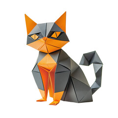 Fototapeta premium Charming Origami Cat Figure in Orange and Gray Colors Isolated on a Clean transparent background