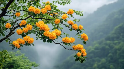 Yellow rhododendrons blooming on branch, misty mountain background, nature scene, spring