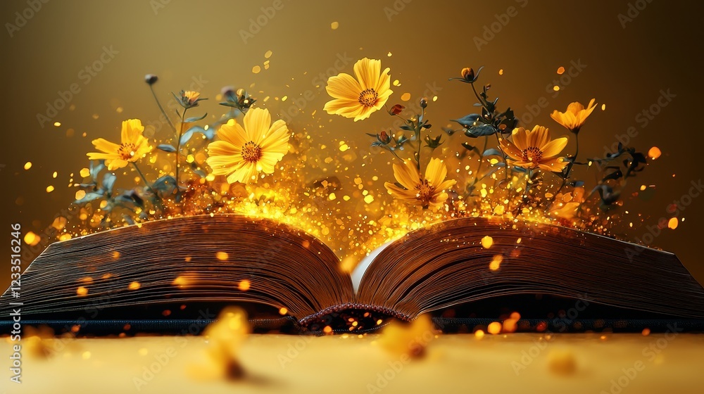 Aufkleber an open book with flowers and sparkles emerging from its pages.