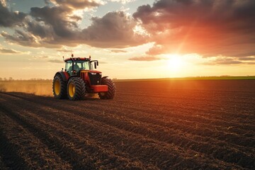 Fototapeta premium agricultural tractor on plantation, loosening dry soil in the afternoon with sunset background