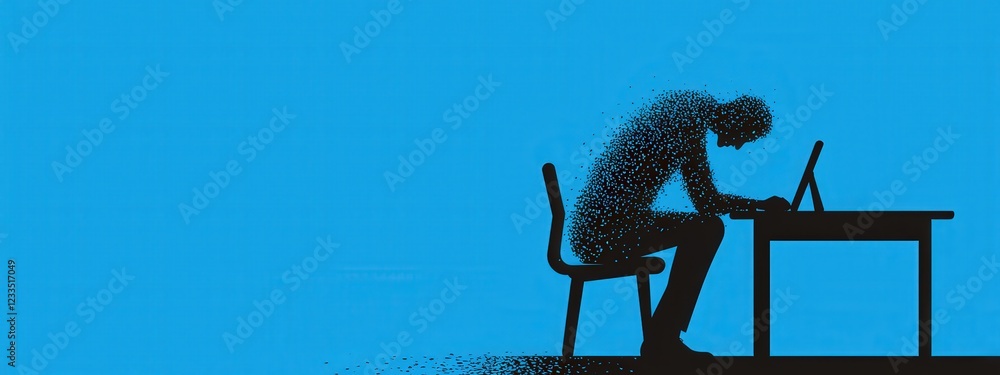 Poster contemplative figure dispersing into particles while working on a laptop at a table against a blue b