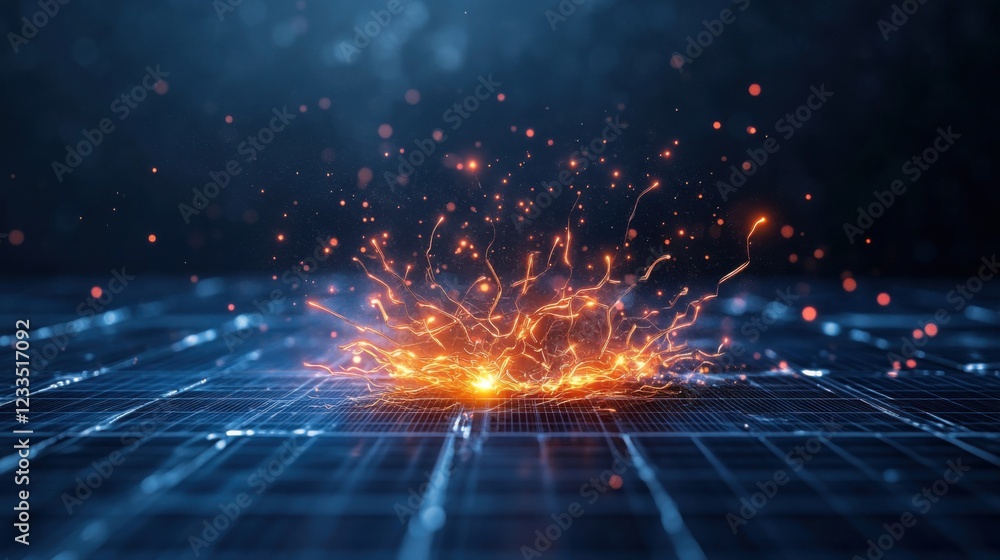 Poster stunning abstract design of glowing orange sparks emanating from a grid in dark digital environment
