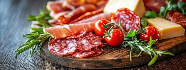 Charcuterie board, assorted cured meats, salami, prosciutto, cherry tomatoes, cheese wedges, rustic wooden board, dark background, overhead view, gourmet appetizer, Italian cuisine, food photography, 
