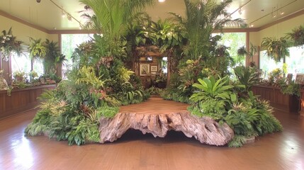 Obraz premium Lush Tropical Indoor Garden Display with Wooden Stump