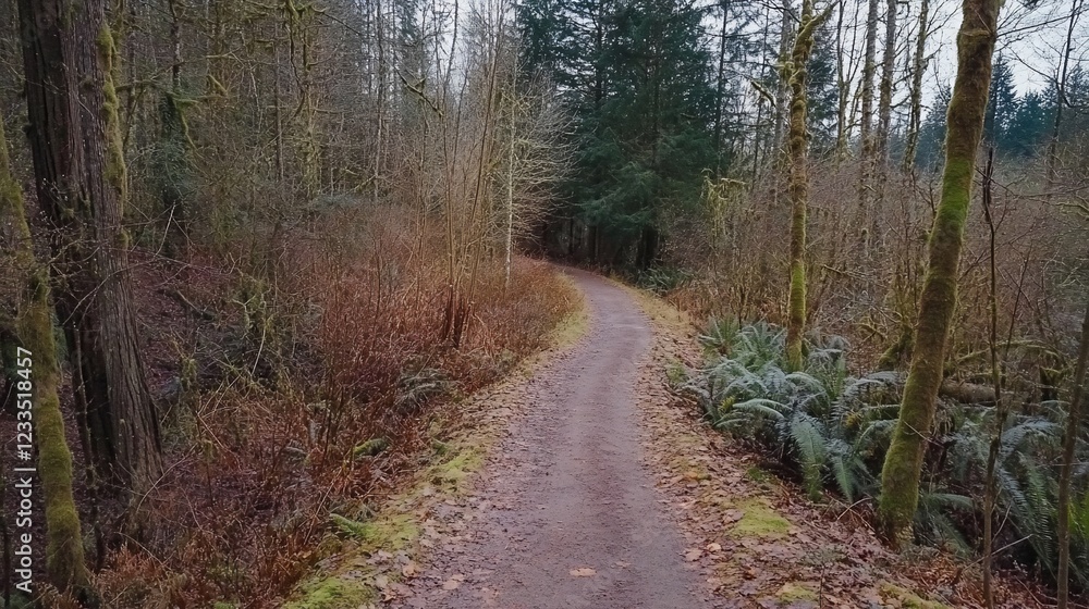 Poster a winding path through a forest with moss-covered trees and ferns on an overcast day