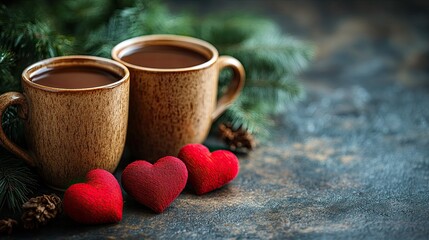 Two mugs of hot cocoa with hearts and pine