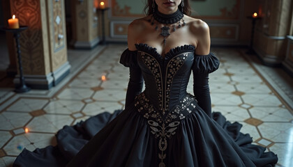 Fototapeta premium Gothic Victorian Gown in Luxurious Interior Setting