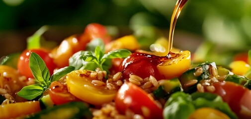 Vibrant salad with cherry tomatoes, fresh herbs, and drizzled oil. A perfect healthy meal bursting with colors and flavors.