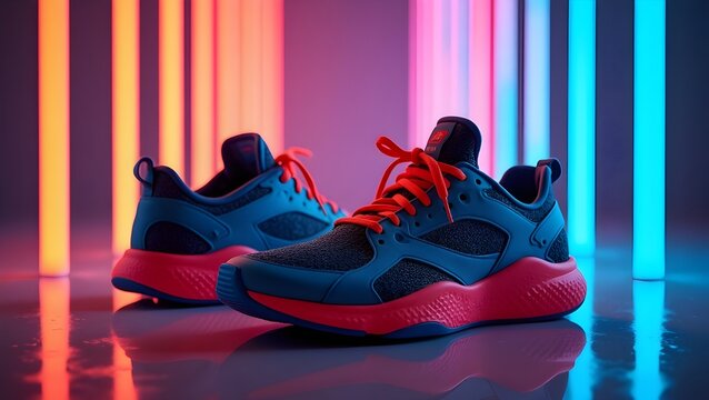 Bright neon sneakers on a reflective surface with colorful lighting