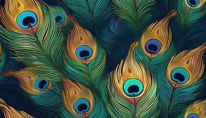 Vivid and Mystical Stunning Seamless Peacock Feather Texture Pattern, Offering an Exotic Escape with Rich Colors, Intricate Details, and a Sense of Whimsy.