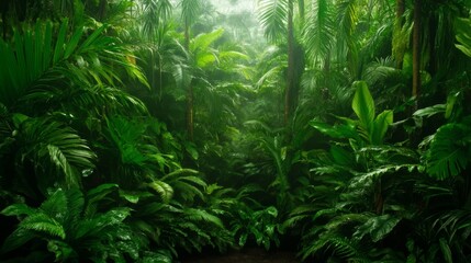 Lush Tropical Rainforest Canopy, Verdant Greenery, Misty Atmosphere