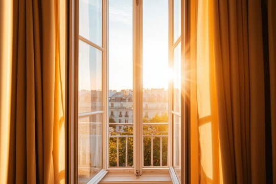 Golden Sunlight Streams Through Open Window City View