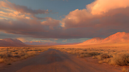 Naklejka premium Desert road sunset, mountainscape, travel, scenic