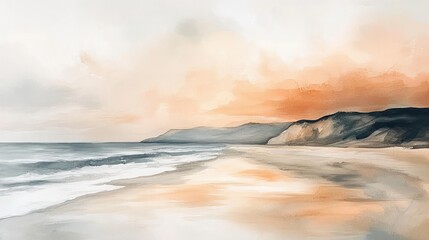 Fototapeta premium Coastal sunset beach landscape painting, ocean waves