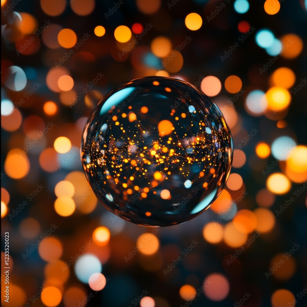 Poster a captivating bubble reflecting colorful lights, creating an enchanting atmosphere of wonder and del