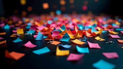 Obraz premium Brightly colored confetti scattered on a glossy black table