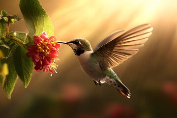 Naklejka premium hummingbird gracefully hovers near vibrant flower, capturing beauty of nature