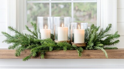 Tranquil Arrangement of Lit Candles Surrounded by Greenery on Window Sill