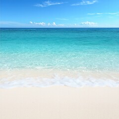 Fototapeta premium Tranquil Beach Scene with Clear Blue Ocean and Gentle Waves Under a Bright Sky