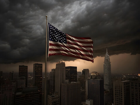 close up of rippling American flag against stormy skyline