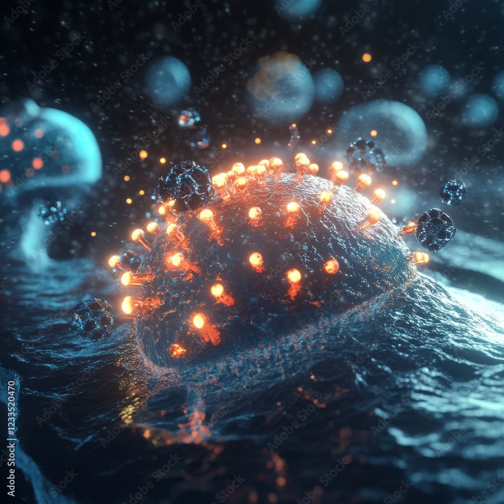 Poster a captivating microscopic view of illuminated cells, showcasing their unique structures and vibrant 
