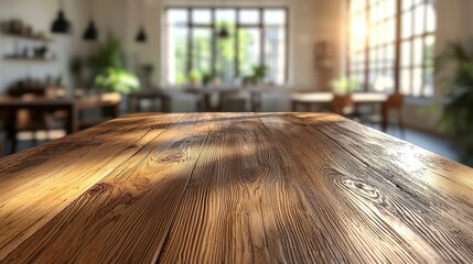 A warm wooden table in a sunlit cafe with plants and a cozy atmosphere.