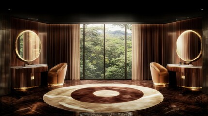 Fototapeta premium Luxurious Bathroom with Forest View and Vanity Sets