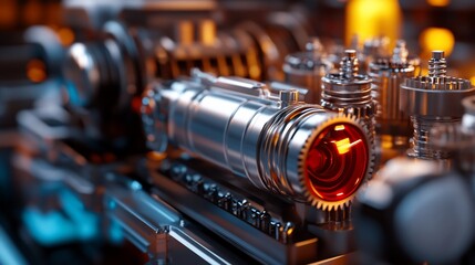 Futuristic Machinery: Close-up of intricate metallic gears and a glowing core, showcasing advanced engineering and technological prowess.