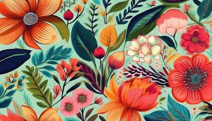 Vibrant Spring Floral Pattern with Seamless Design, Exuding a Fresh and Whimsical Mood, Perfect for Digital Art, Home Decor, or Inspiring New Creative Ventures.