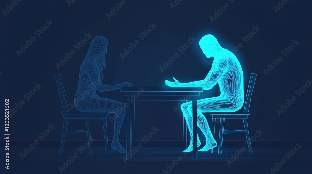 Poster ethereal representation of a conversation between two transparent figures at a table in a dark atmos