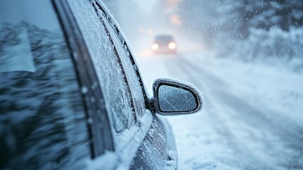 Close-up of a car windshield covered in intricate frost patterns, surrounded by snow
