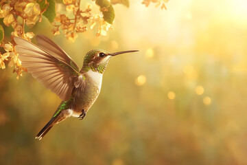 Naklejka premium vibrant hummingbird hovering near golden flowers in soft sunlight