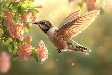 Naklejka premium vibrant hummingbird hovering near pink flowers in lush garden