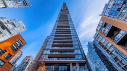 A sleek modern skyscraper with glass and steel exteriors, reflecting the sunlight against a clear blue sky